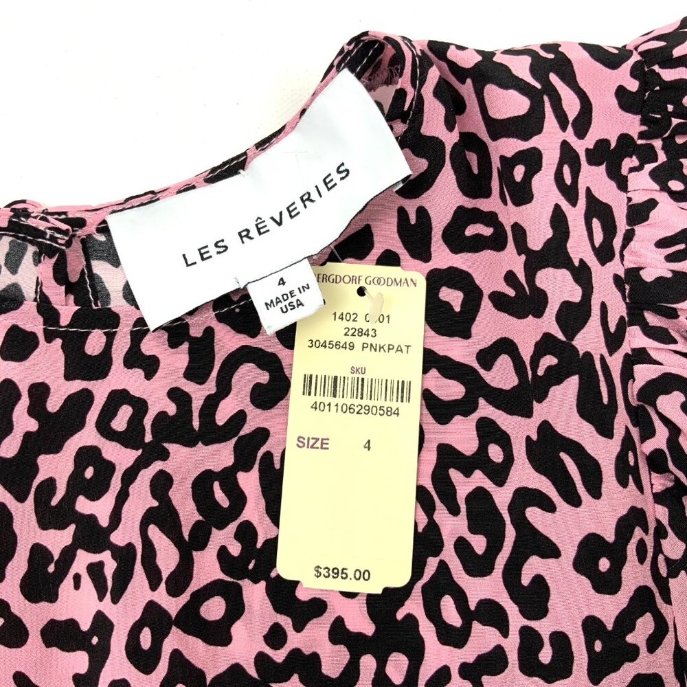 New Les Reveries Silk Balloon Sleeve Animal Leopard Print Blouse Pink Size 4 - Picture 3 of 16
